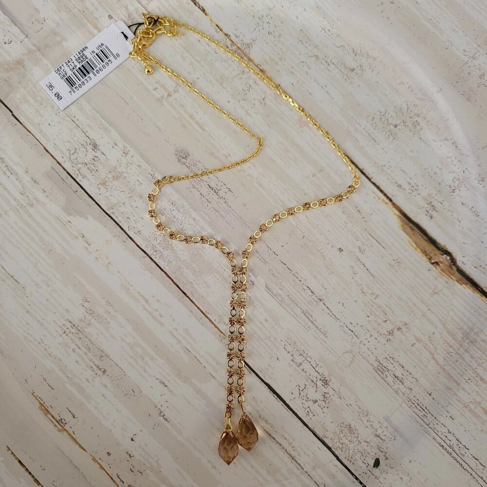Dillard's 16" gold tone and golden crystal necklace 3" lariat drop n1